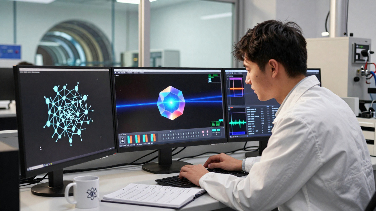 Jovem cientista usando jaleco branco analisa gráficos e modelo 3D em três monitores no laboratório.