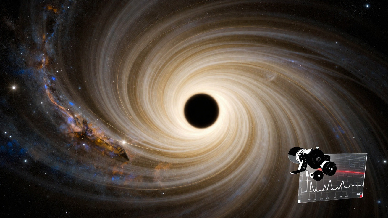 Ilustração de buraco negro com disco de acreção e nave espacial observando dados científicos no espaço.