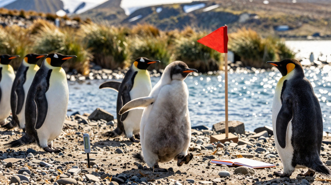 Filhote de pinguim cinza caminhando entre adultos ao redor de uma bandeira vermelha à beira de um lago.