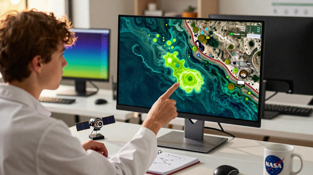 Pessoa em jaleco apontando para tela com mapa oceânico e gráficos em escritório tecnológico.