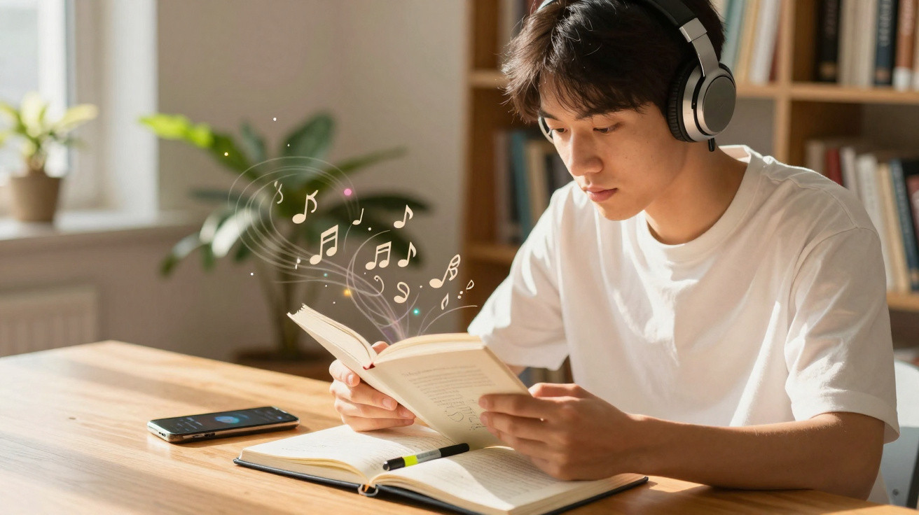Jovem com fones de ouvido lê livros em mesa, com notas musicais ilustradas saindo do livro.