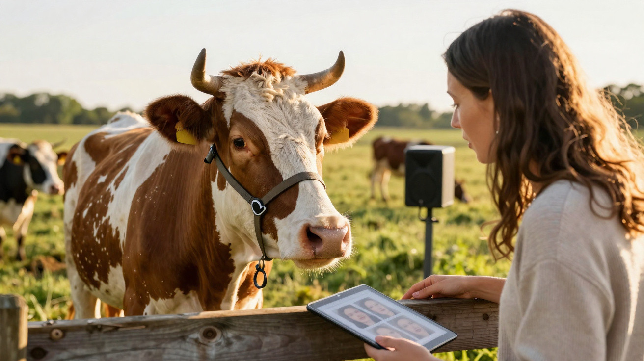 Mulher usando tablet observa vaca marrom e branca em pasto durante o dia.
