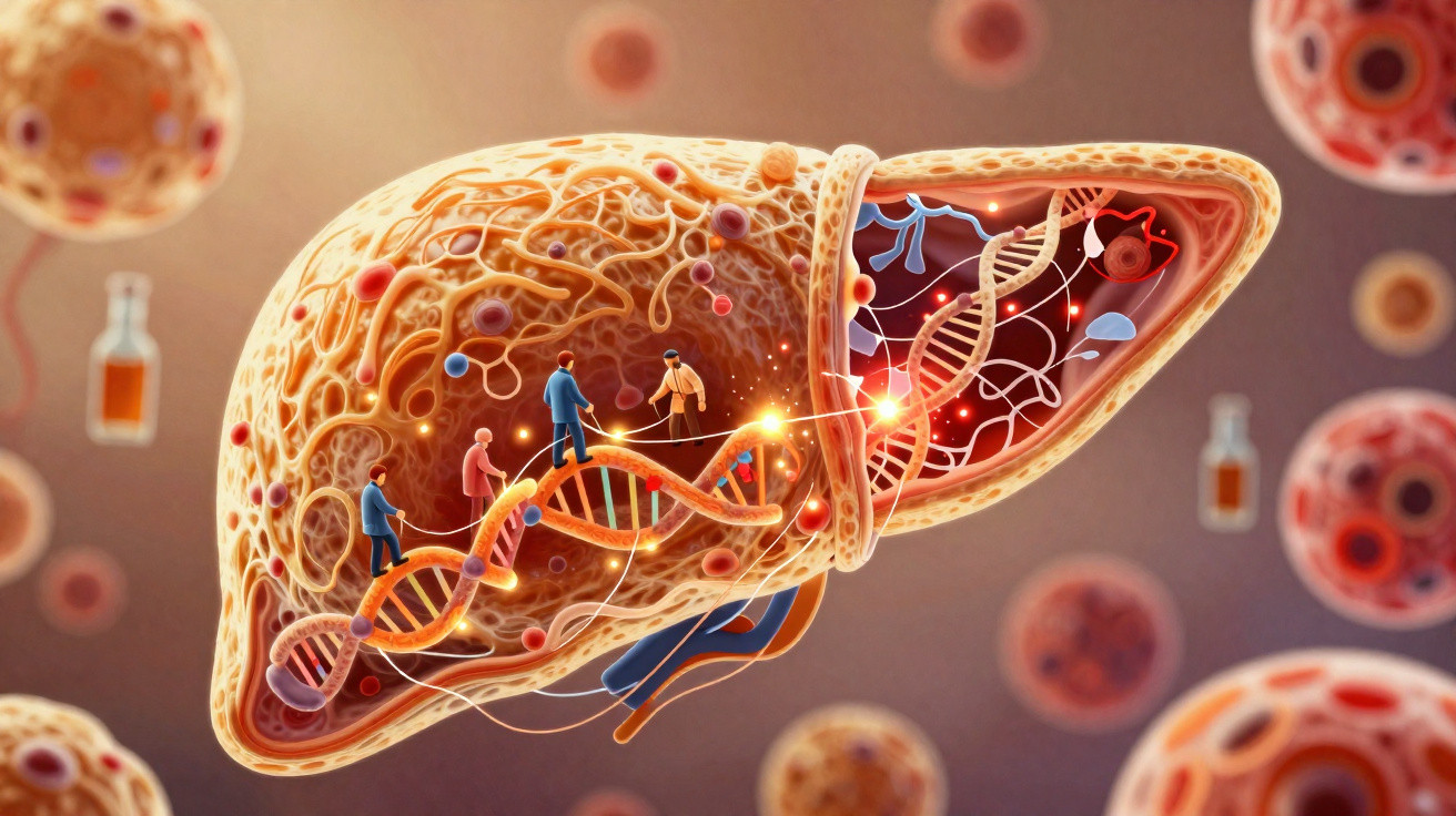 Ilustração de fígado humano com estrutura celular e miniaturas de pessoas caminhando sobre uma hélice de DNA.