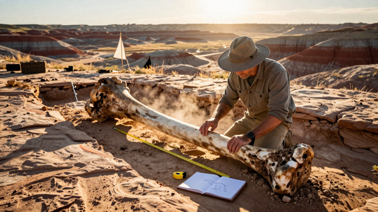 Pesquisador em sítio arqueológico analisando osso gigante fossilizado com caderno de desenhos ao lado.