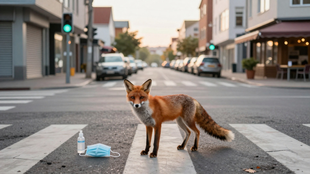 Raposa vermelha parada na faixa de pedestres com máscara facial e frasco de álcool em gel ao lado em rua da cidade.