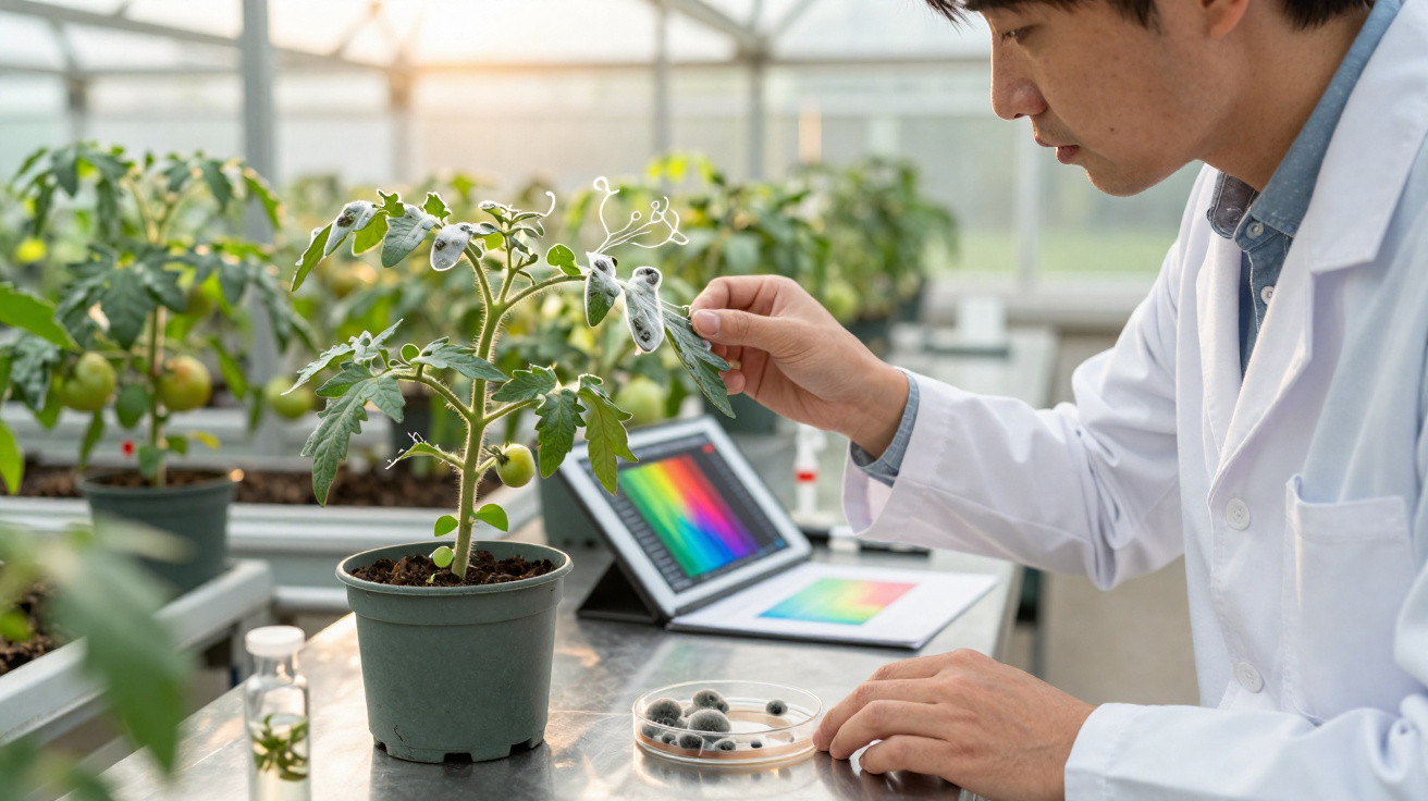 Pesquisador em laboratório observa fungos pretos em planta de tomate em vaso dentro de estufa.