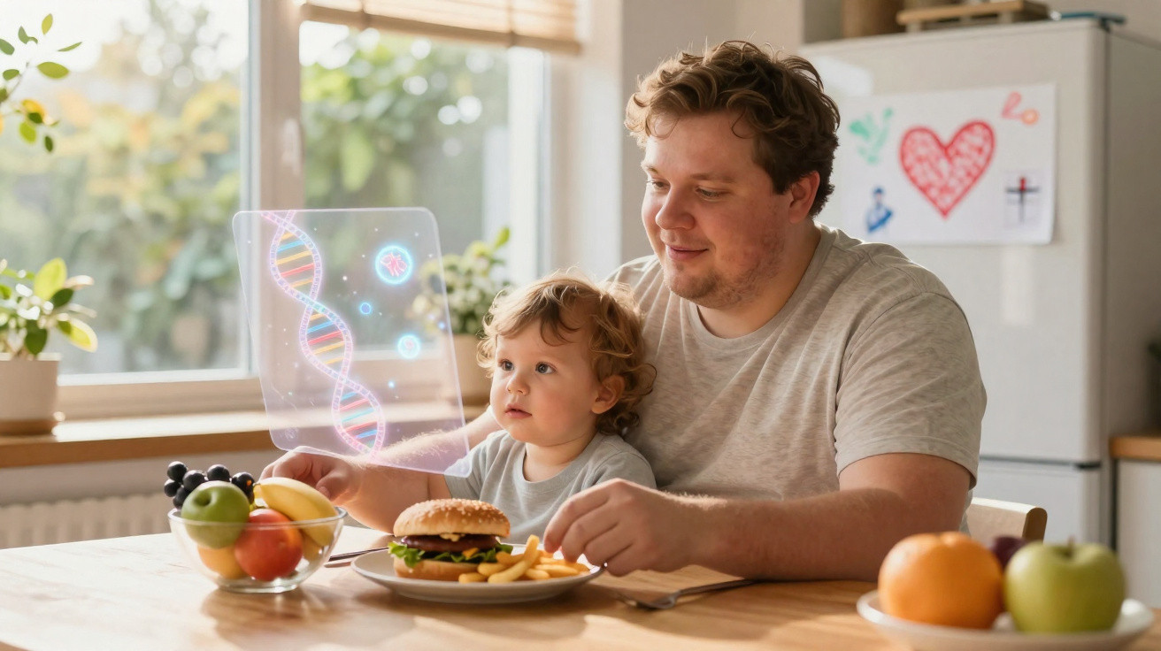 Pai e filho pequenos sentados à mesa com hambúrguer e frutas, olhando holograma de DNA.