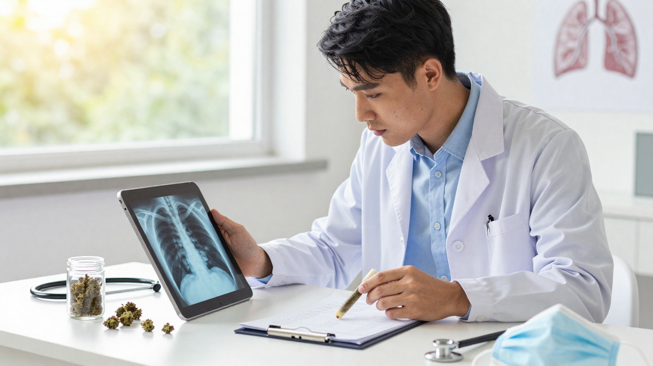 Médico analisando radiografia no tablet e anotando informações em clipboard em consultório.