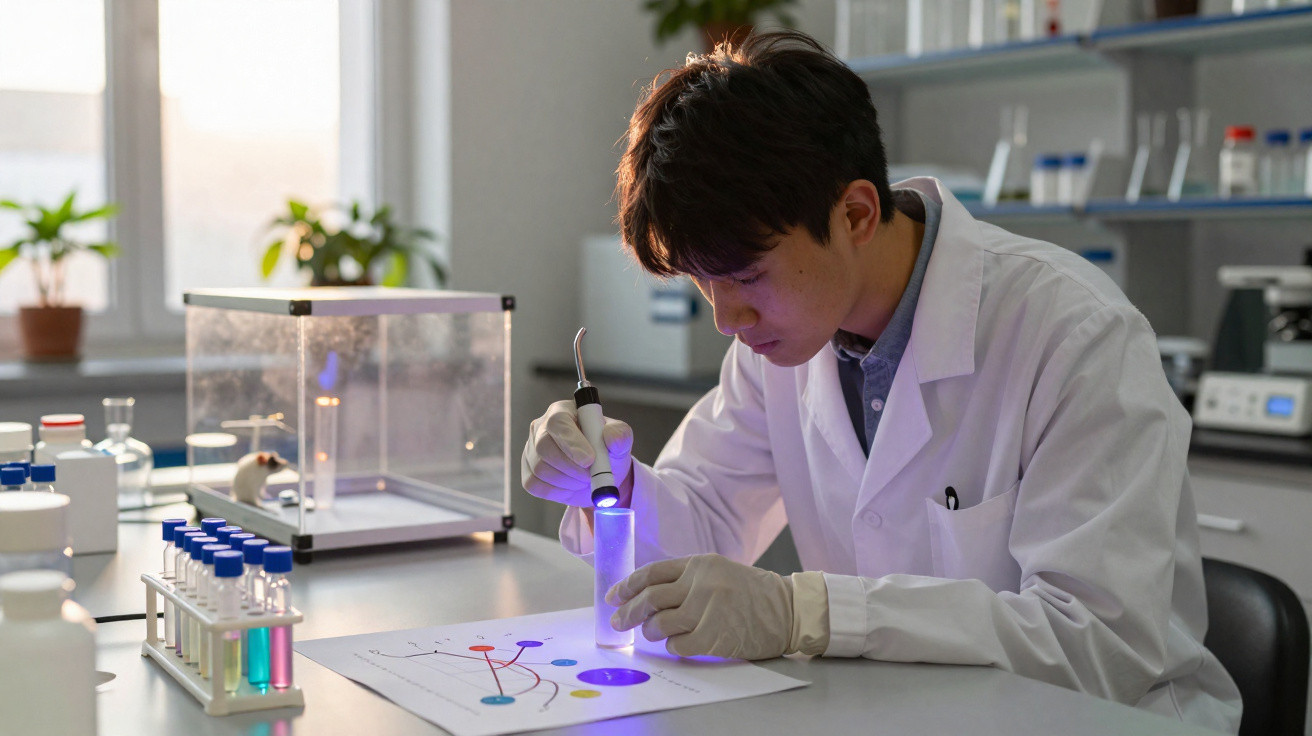Cientista usando jaleco analisa tubo de ensaio com luz ultravioleta em laboratório moderno.