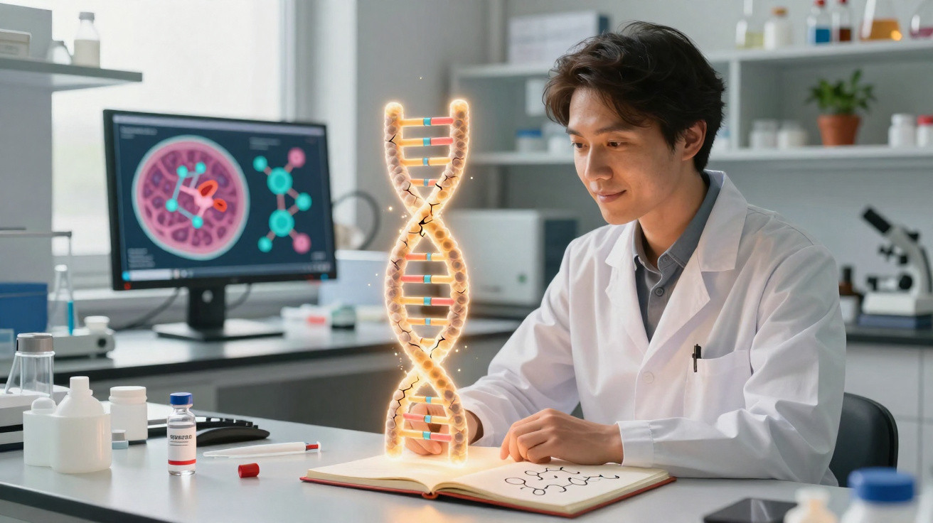 Cientista em laboratório com jaleco branco observa modelo 3D de DNA holográfico saindo de livro aberto.