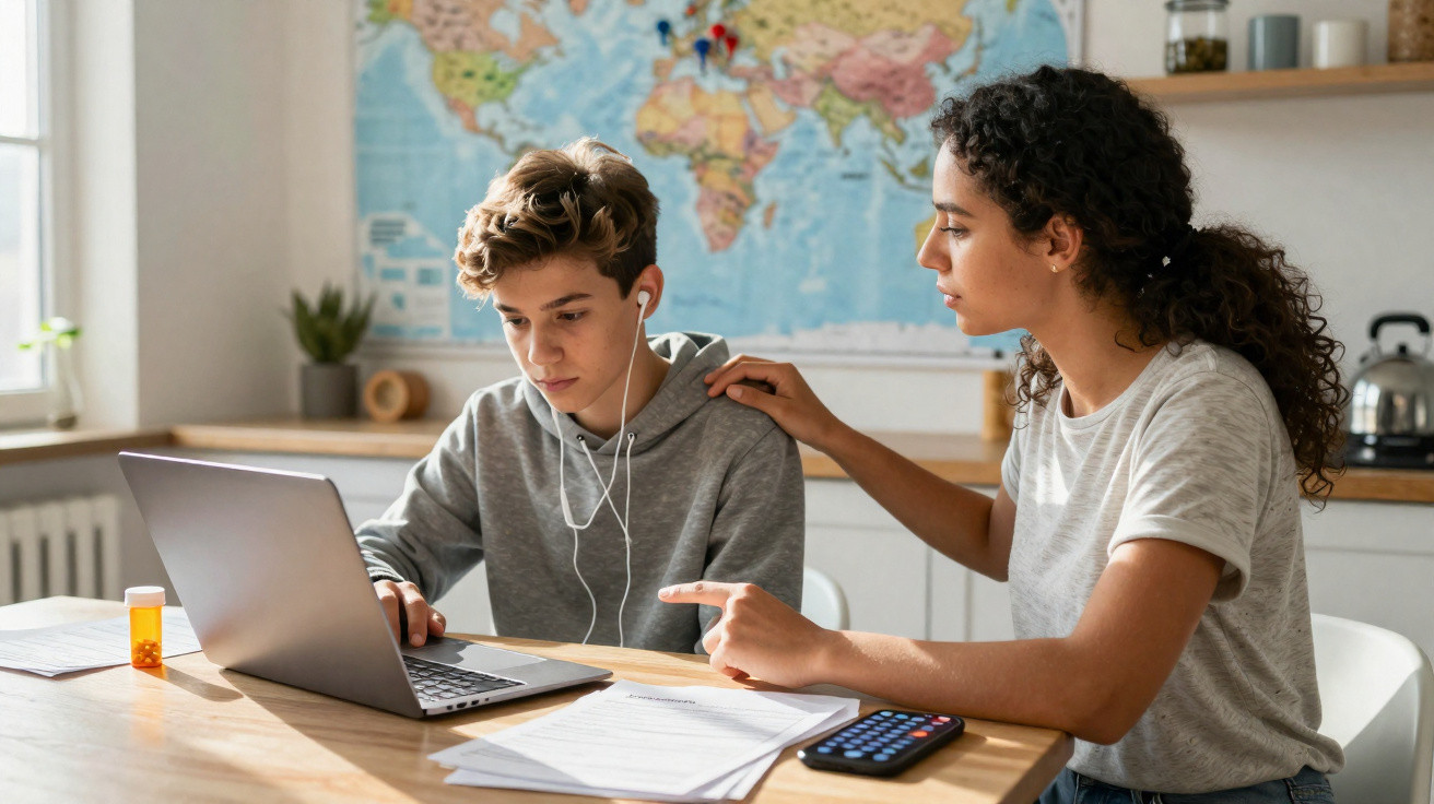 Jovem recebe ajuda de mulher enquanto estuda com laptop e papéis em mesa com mapa ao fundo.