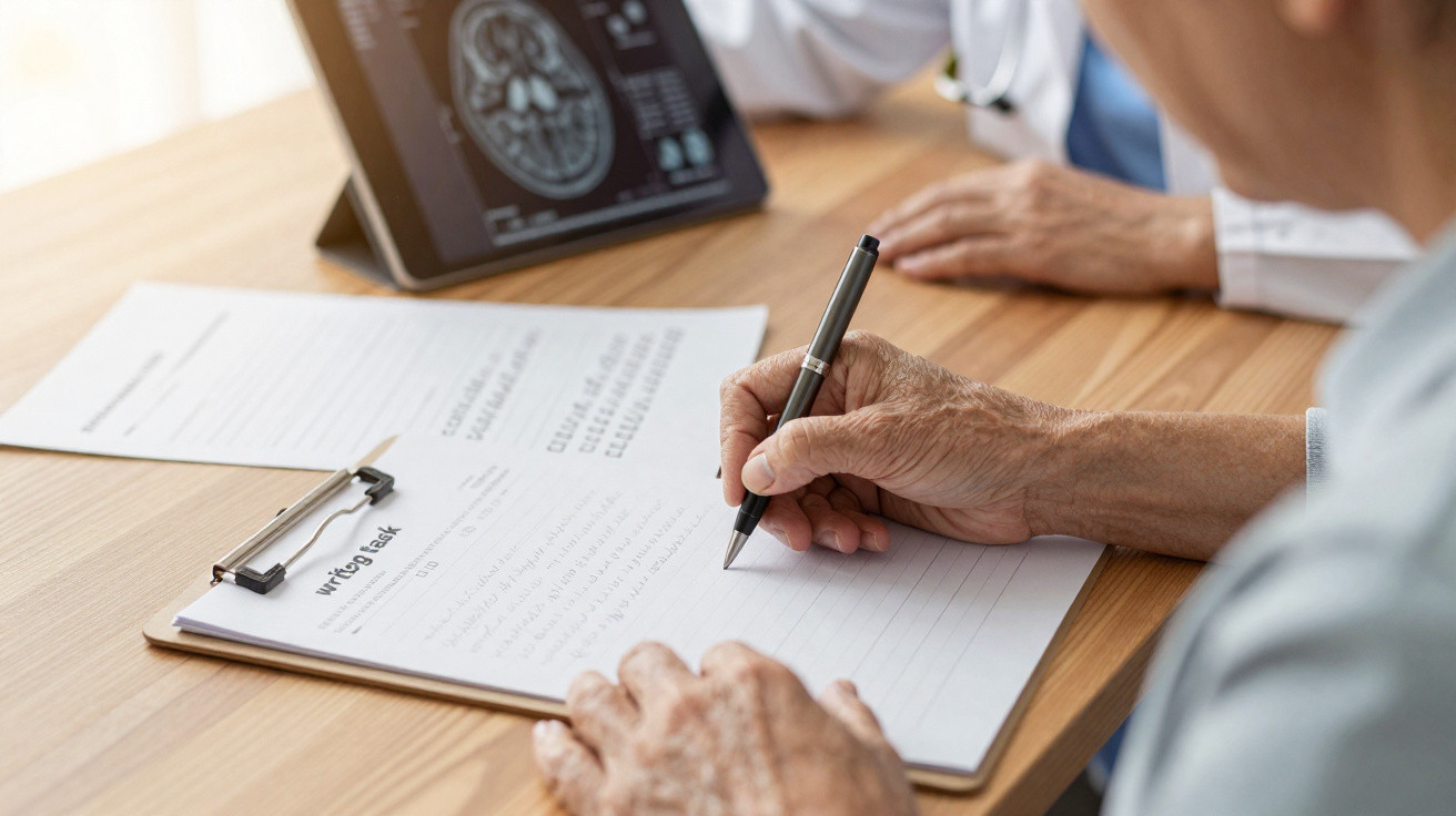 Pessoa idosa preenchendo formulário médico com neurologista ao fundo e imagem de cérebro em tablet.