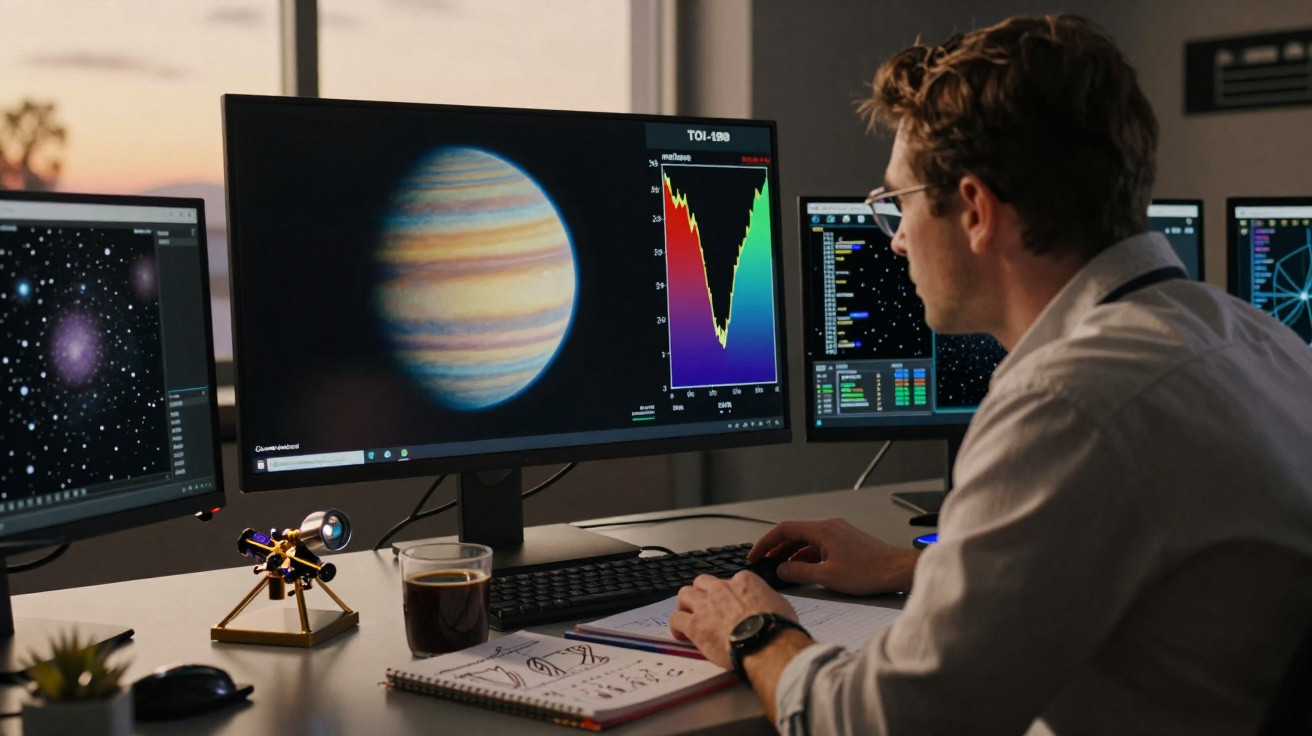 Homem analisando dados e imagens de planetas em vários monitores em ambiente de escritório ao entardecer.