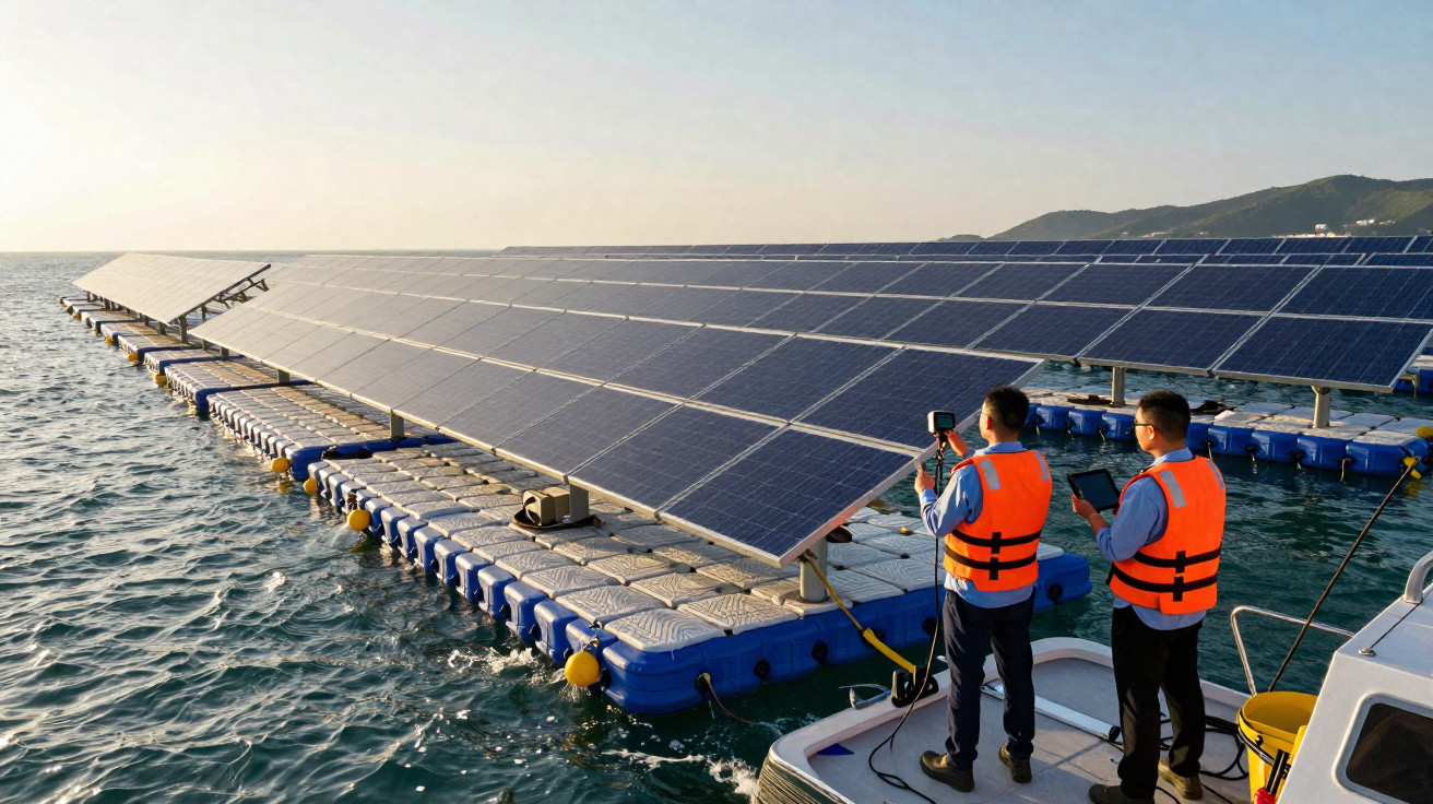 Dois homens com coletes laranja inspecionam painéis solares flutuantes no mar ao entardecer.