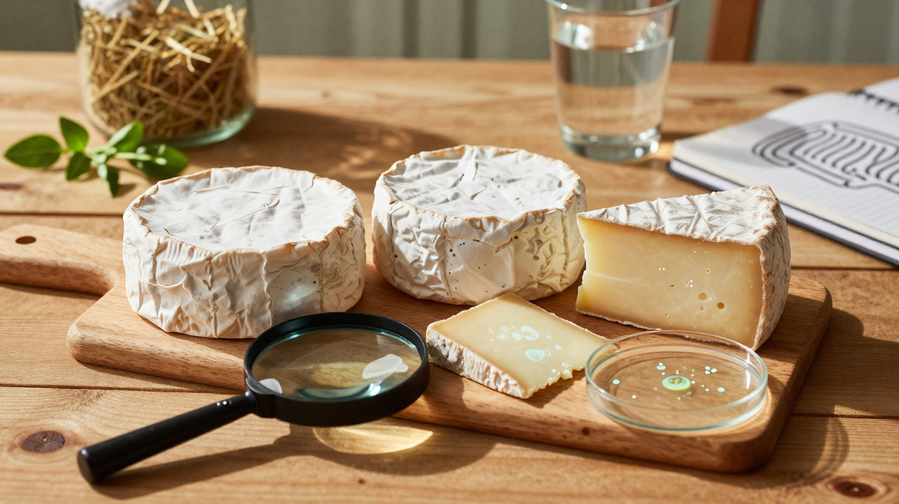 Tábuas com queijos camembert, lente de aumento e lâmina de petri sobre mesa de madeira clara.