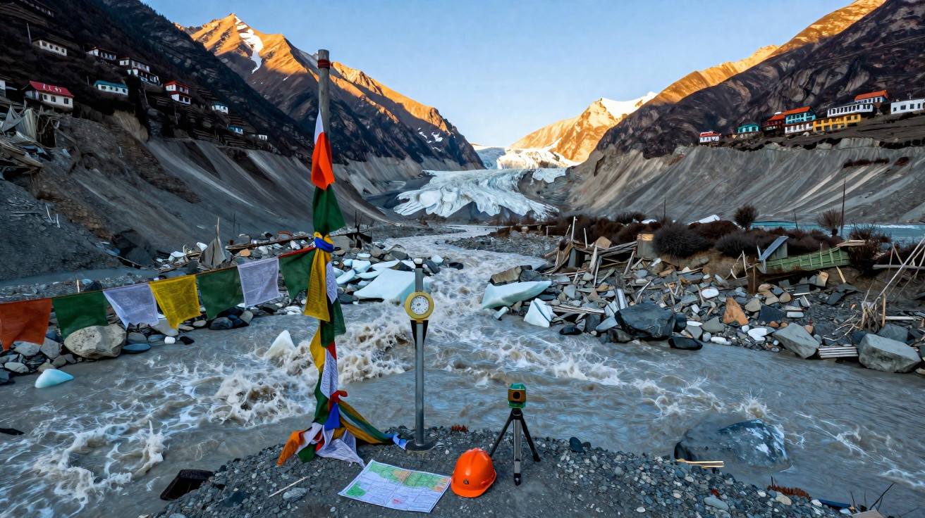 Rio glaciar cercado por montanhas com casas coloridas e bandeiras de oração no Nepal.