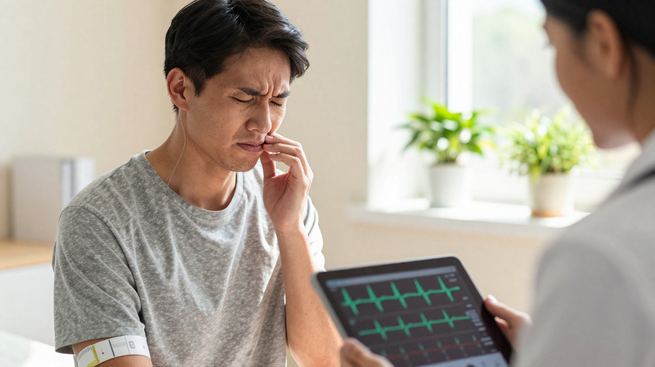 Homem com expressão de dor na boca consulta médico que observa exame cardíaco no tablet.