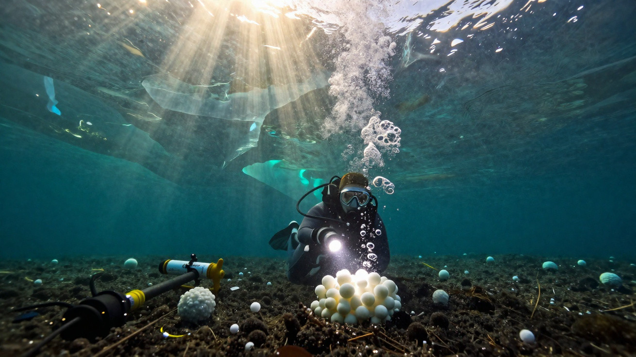 Mergulhador subaquático com lanterna examina ovos brancos no fundo do mar enquanto tubarão nada ao fundo.