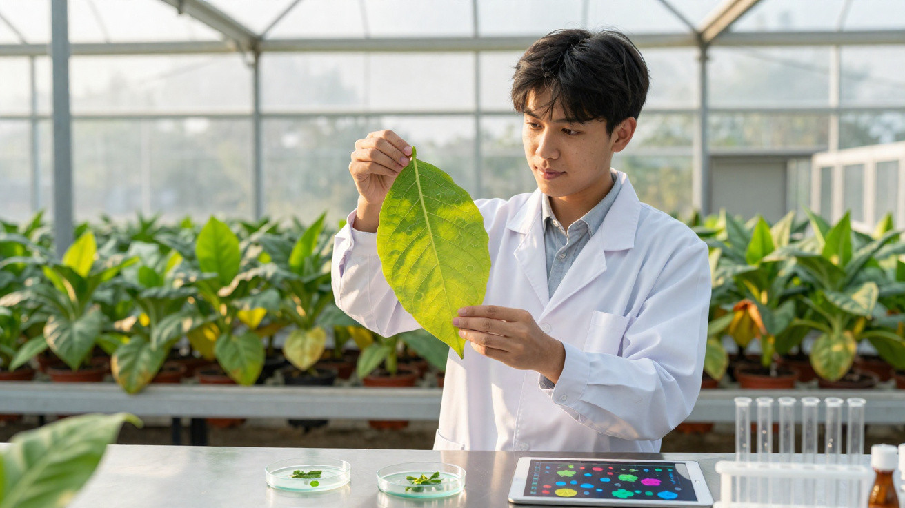 Jovem cientista em jaleco analisando uma folha em estufa cheia de plantas em vasos.
