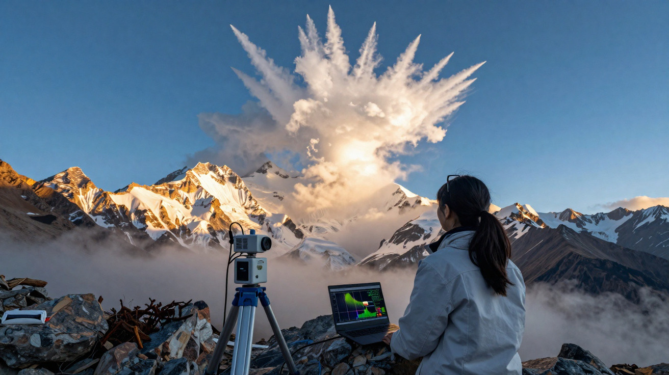 Pesquisadora com laptop registra erupção vulcânica em montanha nevada ao amanhecer.