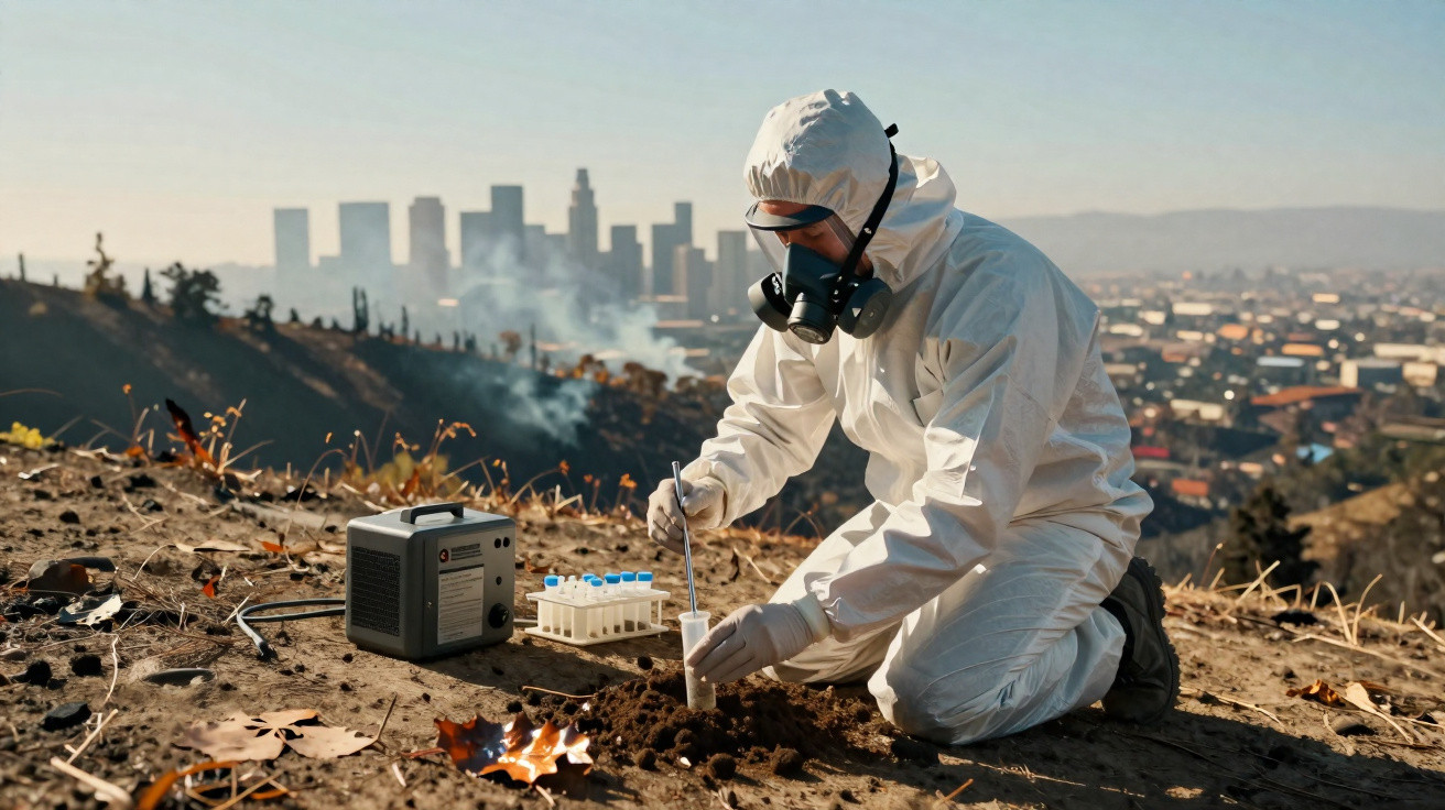 Pessoa com equipamento de proteção coleta amostra de solo em área contaminada próxima a uma cidade.