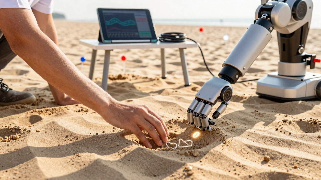 Braço humano e braço robótico desenhando símbolos na areia com laptop ao fundo na praia.