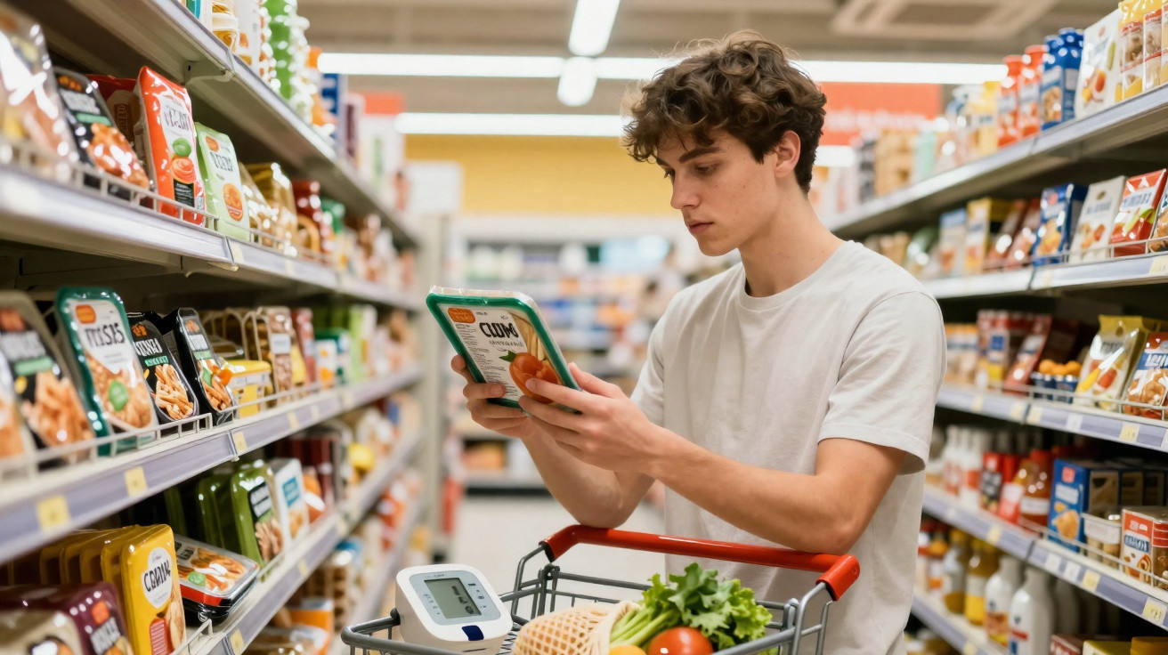 Jovem segurando embalagem e olhando produto em corredor de supermercado, carrinho com alimentos à frente.