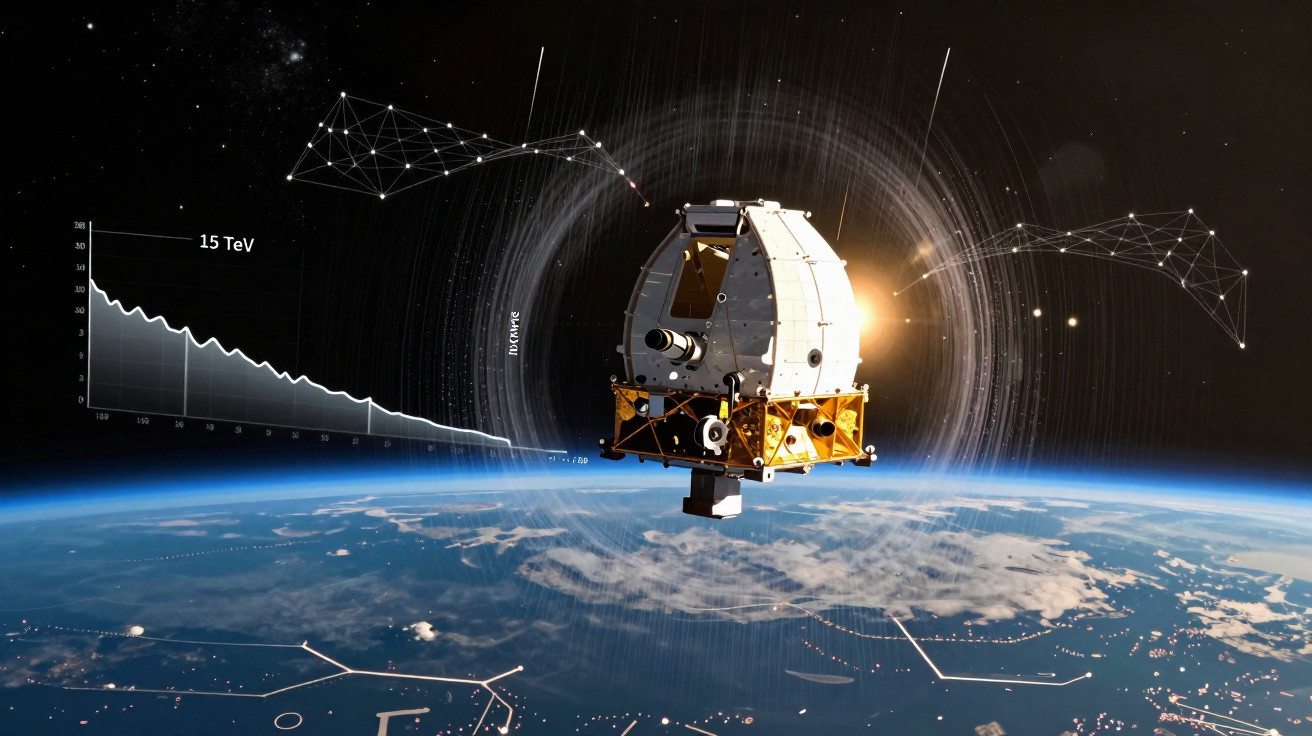 Satélite em órbita sobre a Terra com gráficos e dados científicos no espaço ao redor.
