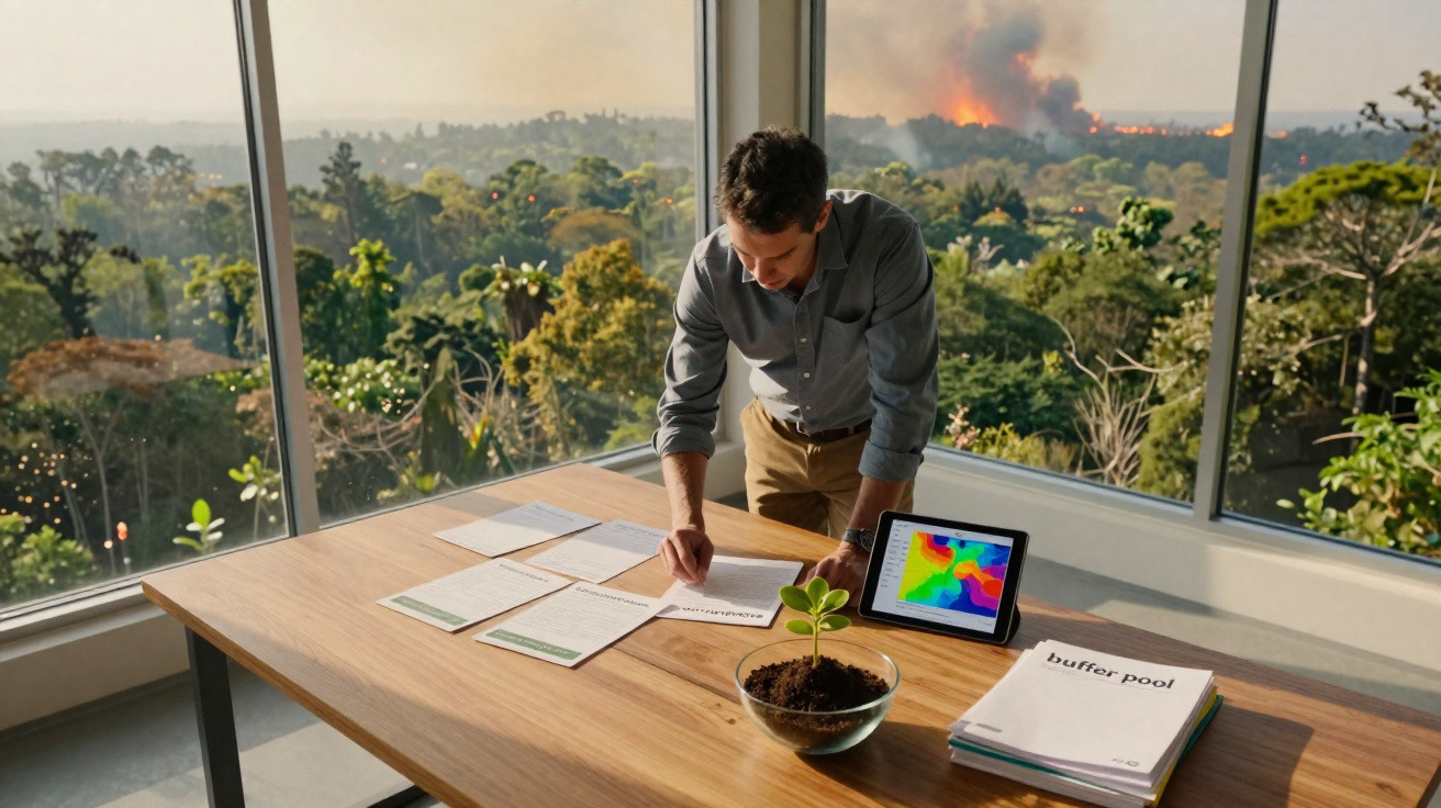 Homem analisando documentos em mesa com planta, tablet e incêndio florestal visível pela janela ao fundo.