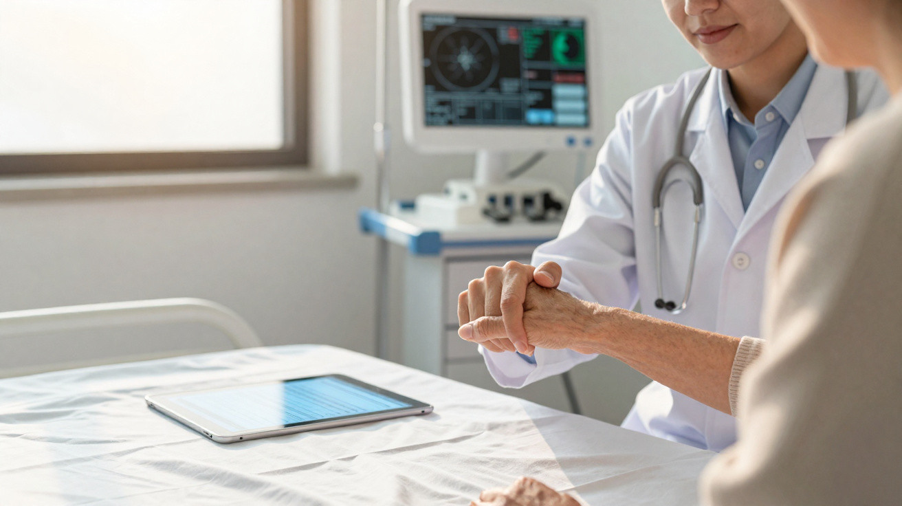 Médico segurando a mão de paciente idoso em consulta, com tablet e equipamentos médicos ao fundo.