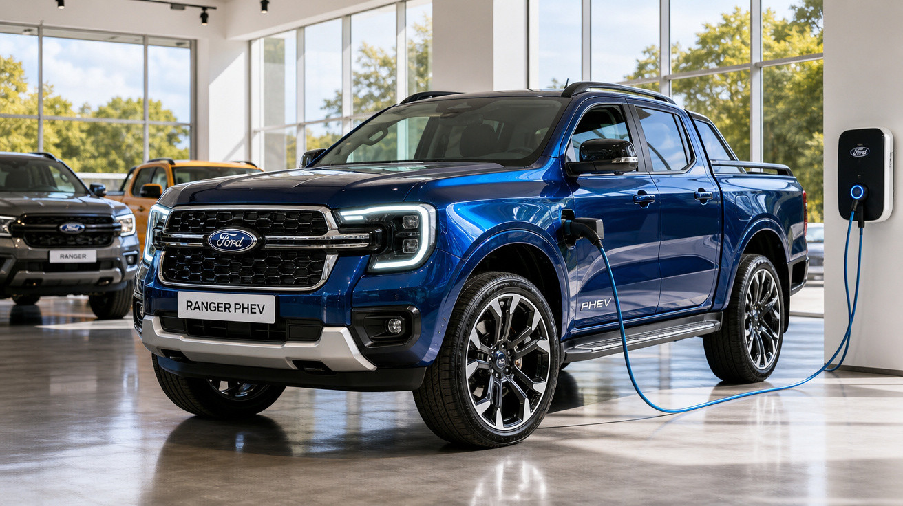 Picape Ford Ranger PHEV azul em recarga elétrica dentro de showroom com grandes janelas.
