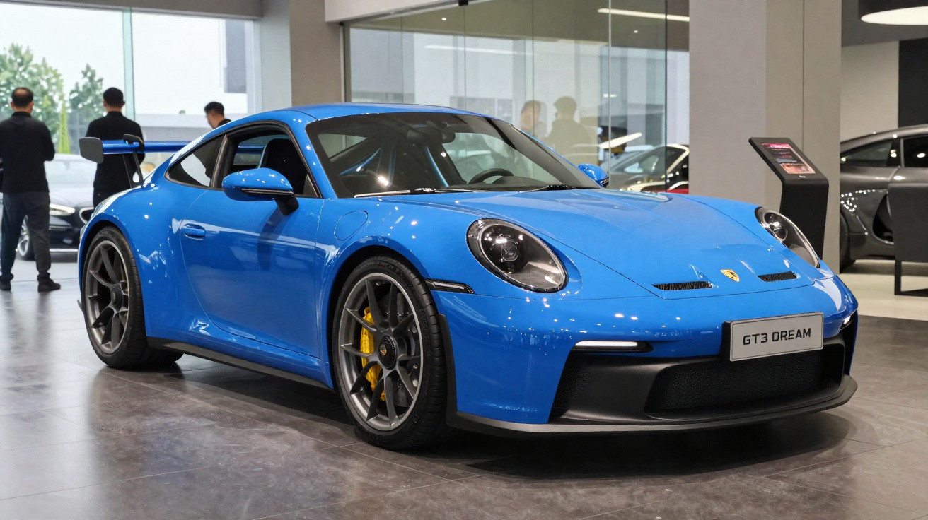 Carro esportivo Porsche GT3 Dream azul em exposição em salão moderno com pessoas ao fundo.