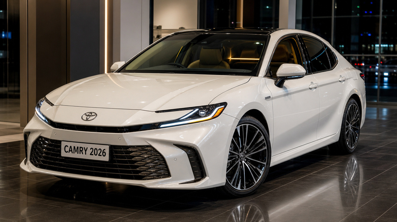 Carro Toyota Camry 2026 branco em showroom com faróis acesos e teto solar preto.