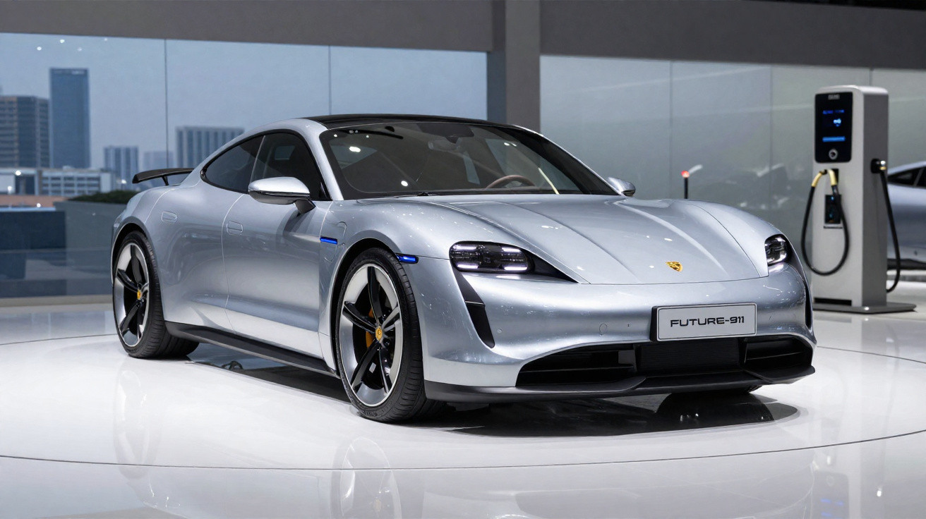 Carro esportivo elétrico prata Porsche Future-911 em exposição, com estação de carregamento ao fundo.