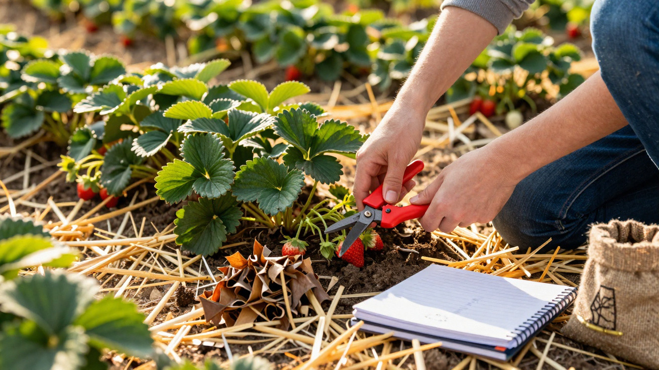 Pessoa colhendo morango com tesoura em plantação, folhas verdes, caderno aberto e saco de juta ao lado.