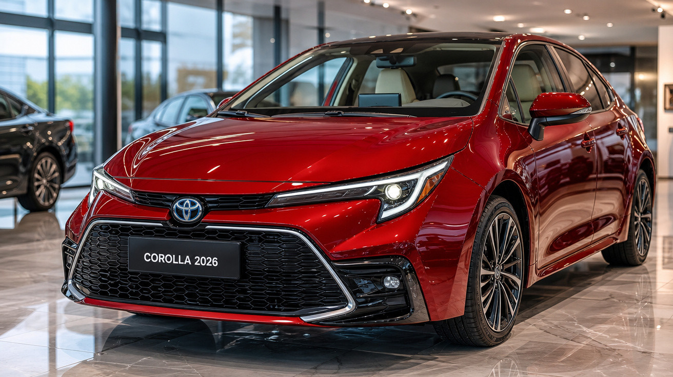 Carro Toyota Corolla 2026 vermelho exibido em showroom com detalhes modernos e acabamento brilhante.