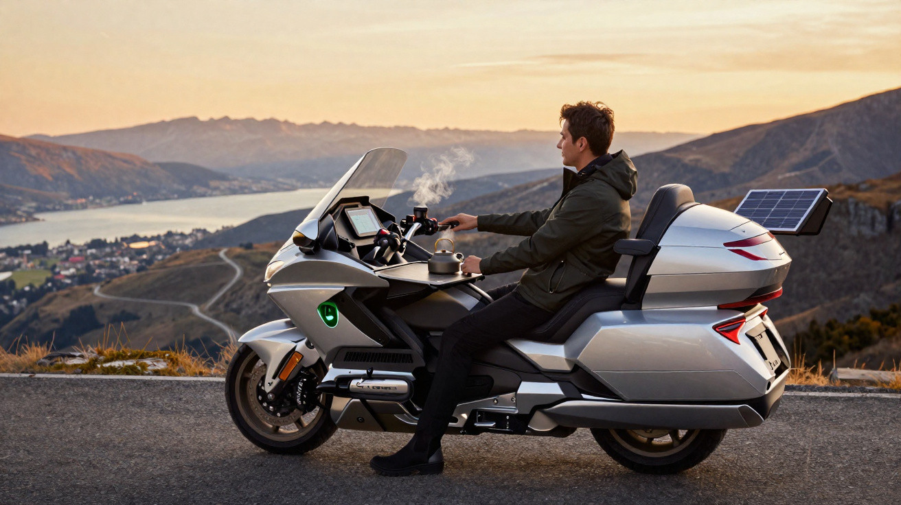 Homem sentado em moto estacionada com paisagem de montanhas e lago ao fundo durante pôr do sol.