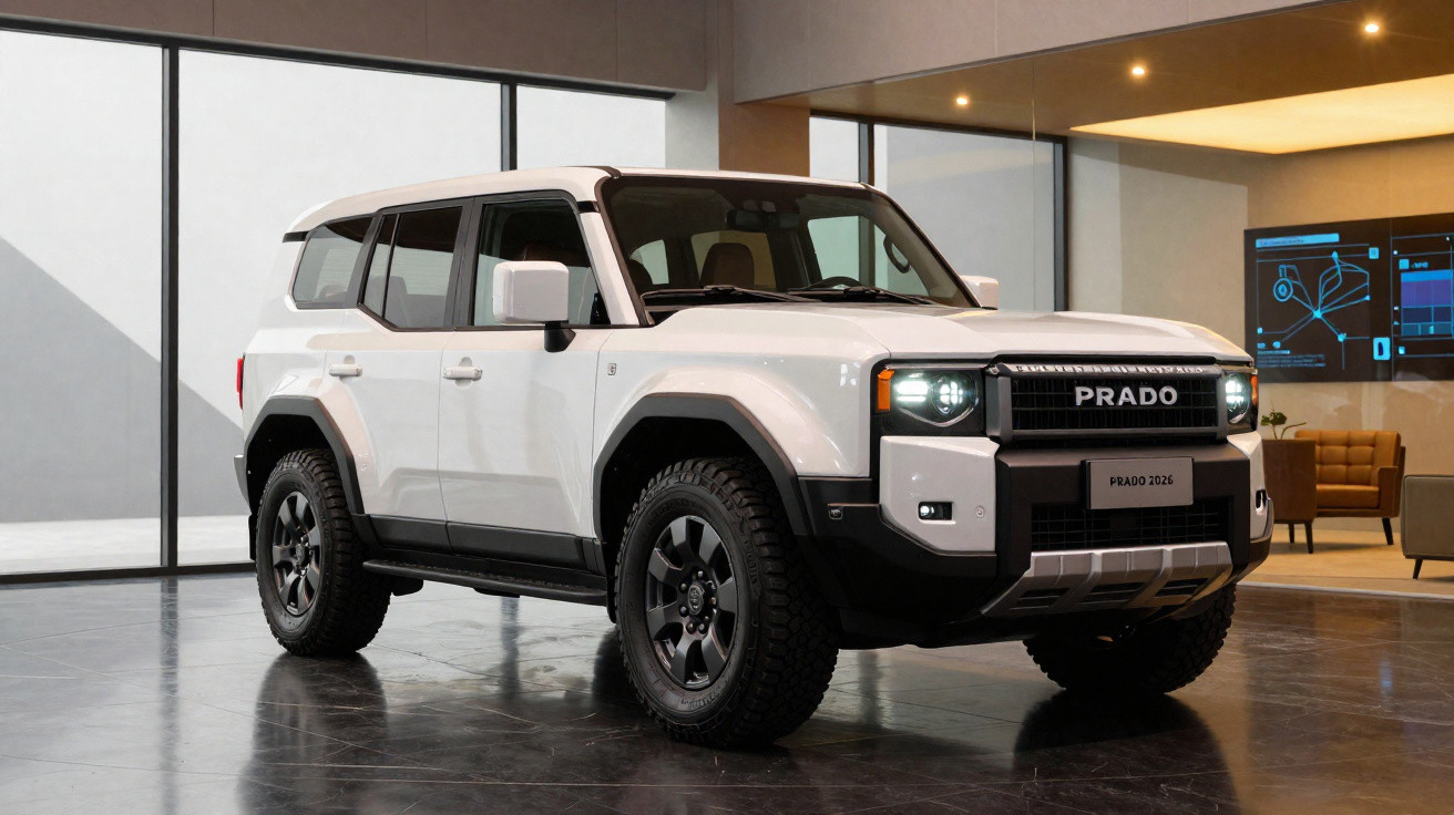 SUV branco Toyota Prado 2024 em ambiente interno moderno com luzes acesas e piso refletivo.