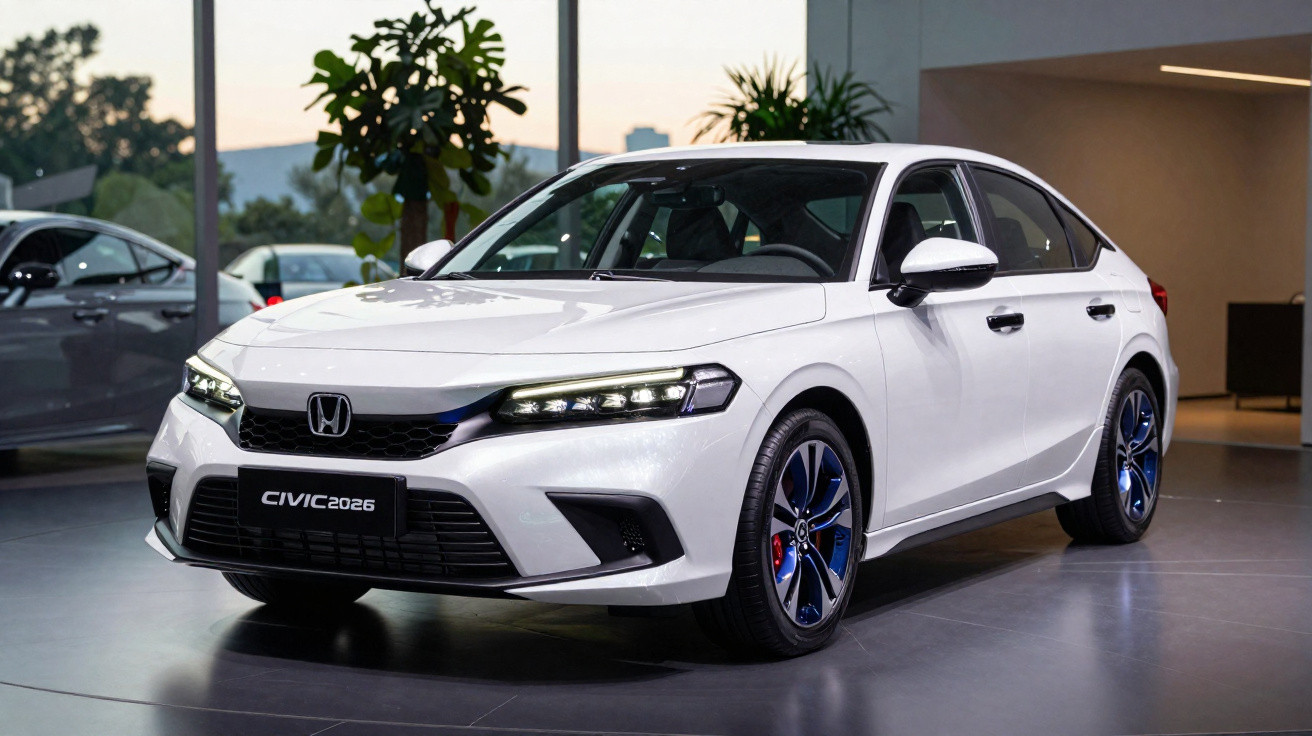 Carro branco Honda Civic 2026 em exposição, com faróis acesos e rodas com detalhes azuis.
