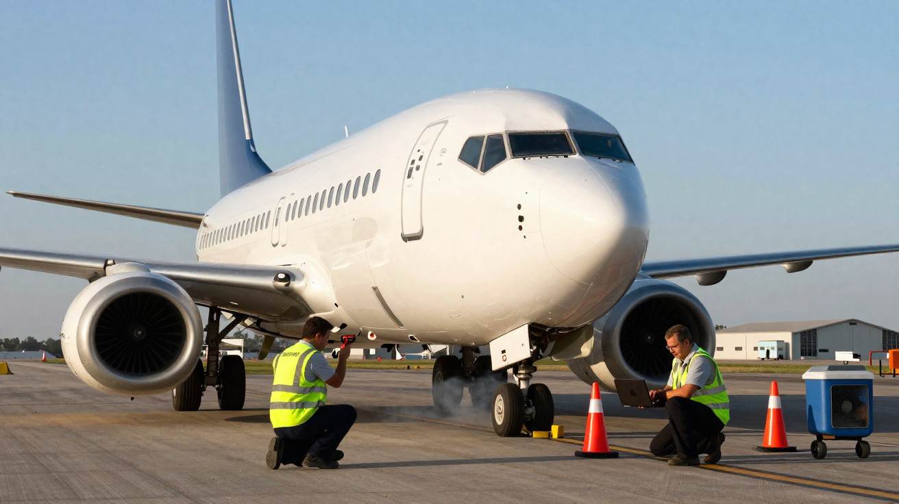 Dois técnicos inspecionam um avião branco no pátio de um aeroporto durante o dia.