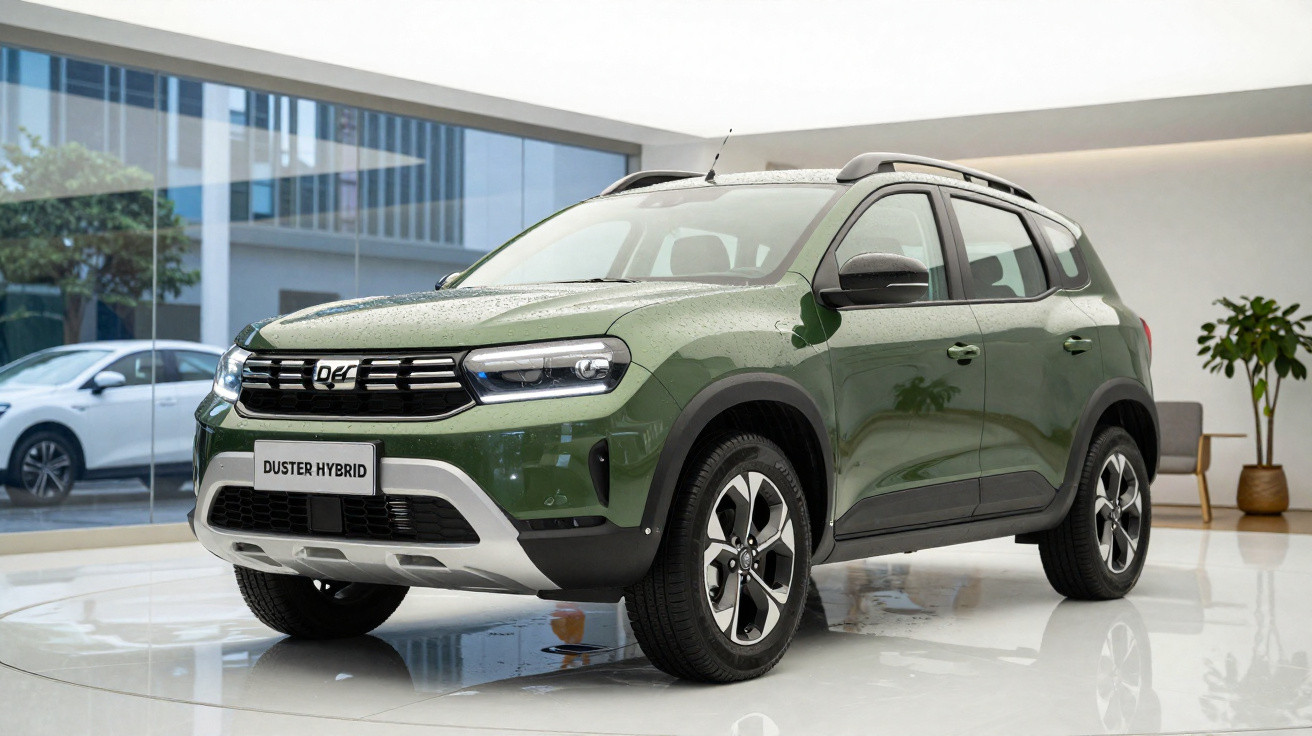 SUV verde Duster Hybrid exibido em showroom moderno com piso branco brilhante.