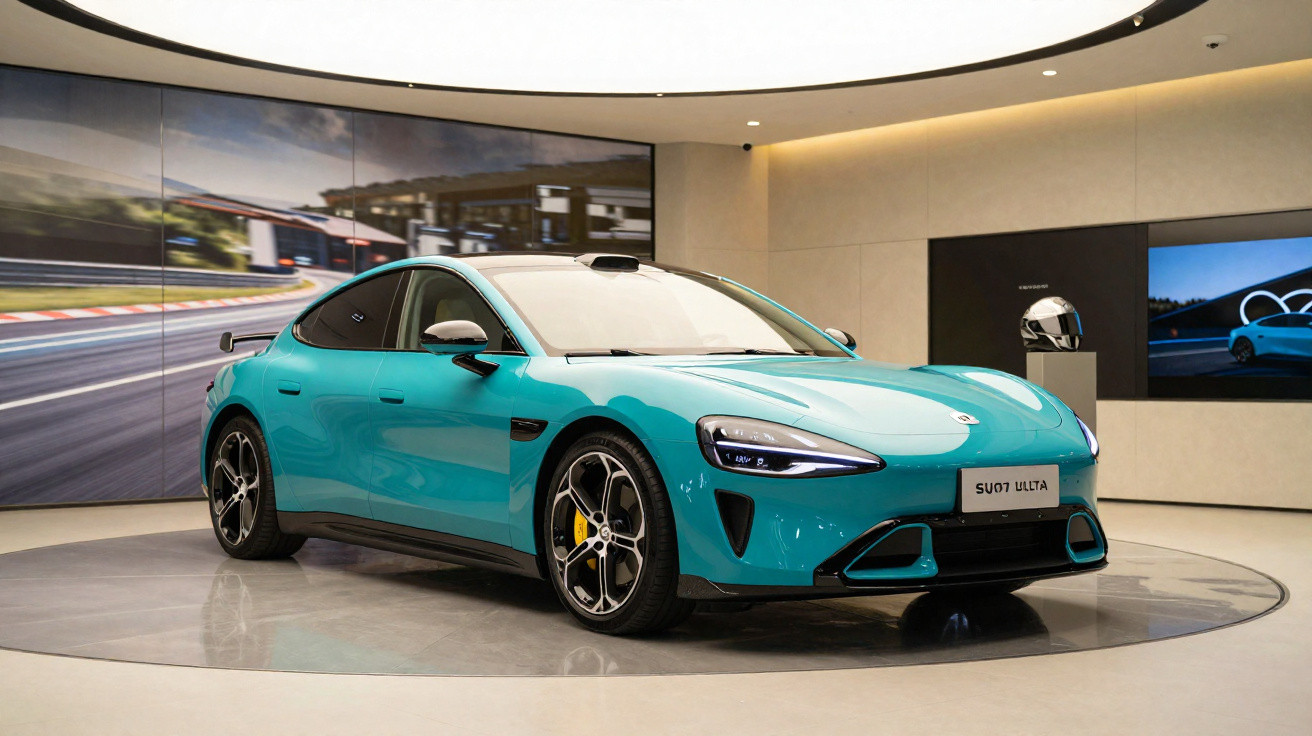 Carro esportivo elétrico azul em exposição moderna com tela mostrando pista de corrida ao fundo.