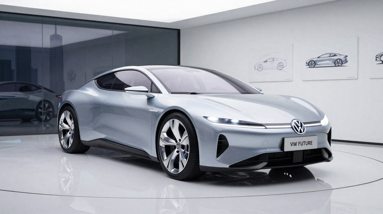 Carro elétrico conceito VW Future prateado em exposição moderna com grandes janelas e luz natural.