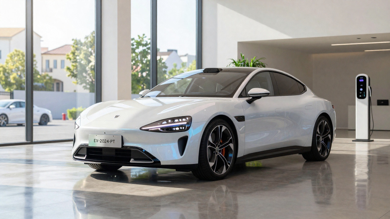 Carro elétrico branco estacionado em garagem moderna com estação de recarga ao fundo.