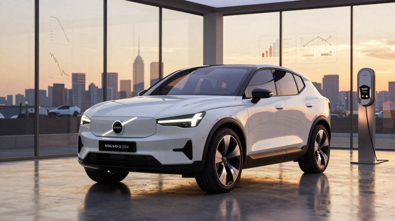 Carro elétrico Volvo Q3 branco estacionado em garagem com vista para a cidade ao pôr do sol.