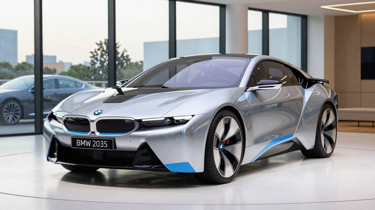 Carro BMW 2035 prata eletromobilidade exposto em showroom moderno com iluminação natural e urbana.