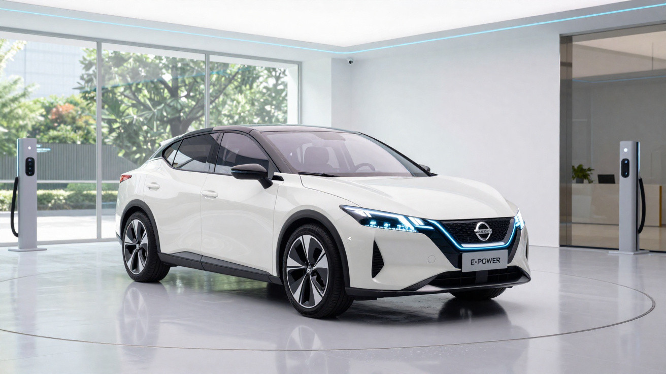Carro elétrico branco Nissan e-POWER em exposição dentro de showroom moderno e iluminado.