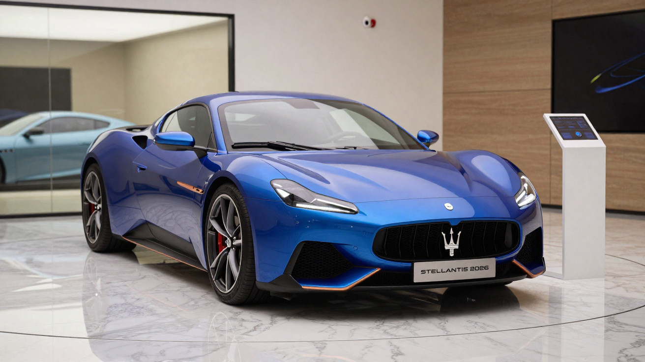 Carro esportivo azul Maserati 2026 em exibição dentro de showroom moderno com piso de mármore.