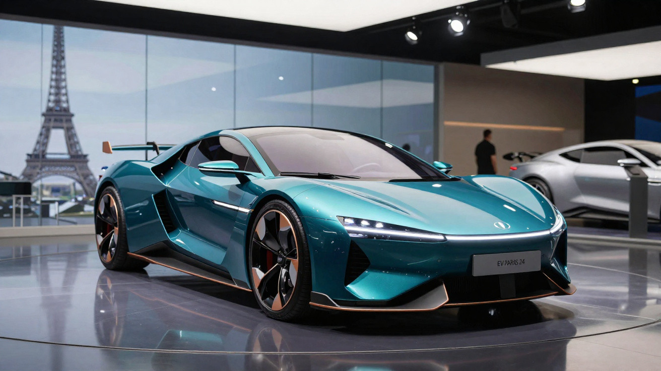 Carro esportivo elétrico verde exibido em showroom moderno com vista da Torre Eiffel ao fundo.