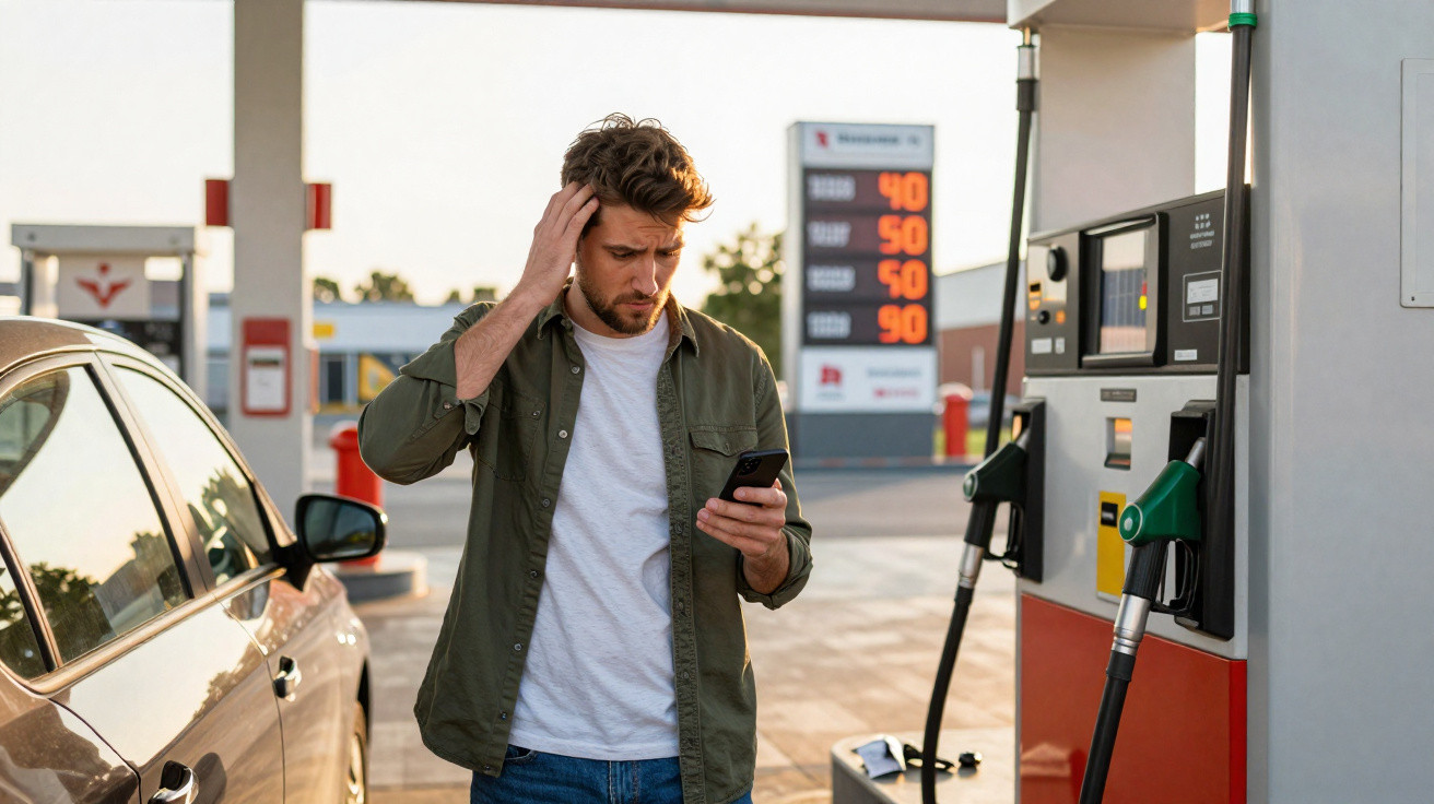 Homem preocupado olhando o celular em posto de gasolina ao lado de carro abastecendo.